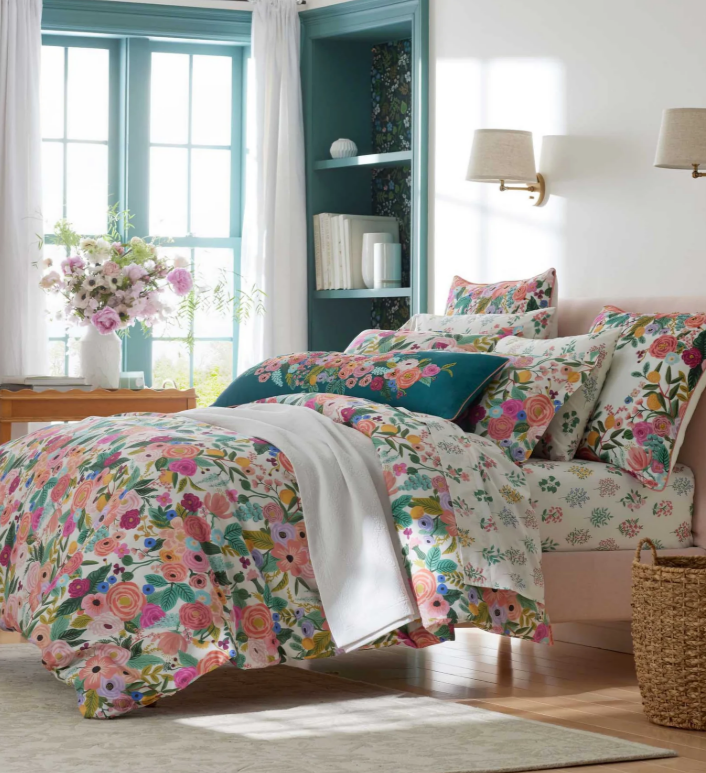 Rifle Paper Co. Garden Party percale duvet cover in blue and white botanical floral print
